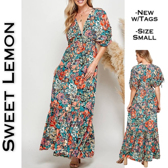 New Sweet Lemon Black Floral Maxi Dress Size Small Tied Sleeve Plunging Neckline - Picture 1 of 14